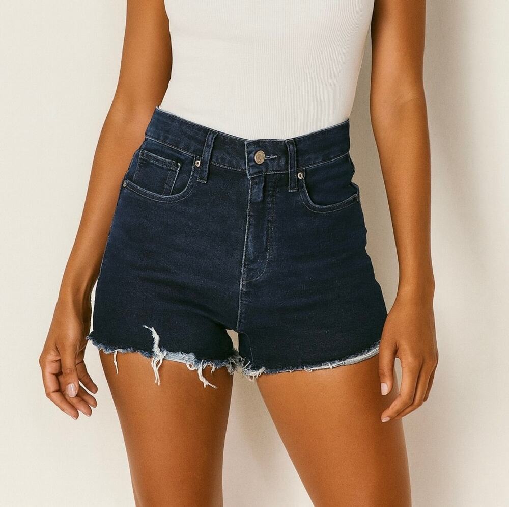 2/$15 Express High-Rise Hyper Stretch Shortie Jean Shorts Dark Blue Denim Sz 00